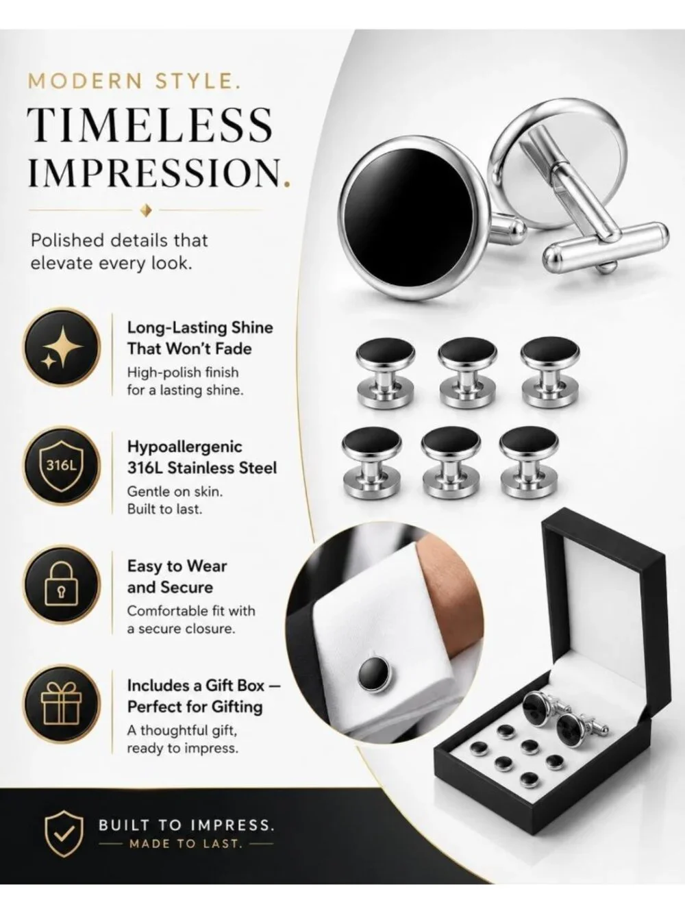 Stylish Men's Cufflinks & Tuxedo Studs Set - Stainless Steel Wedding Jewelry
